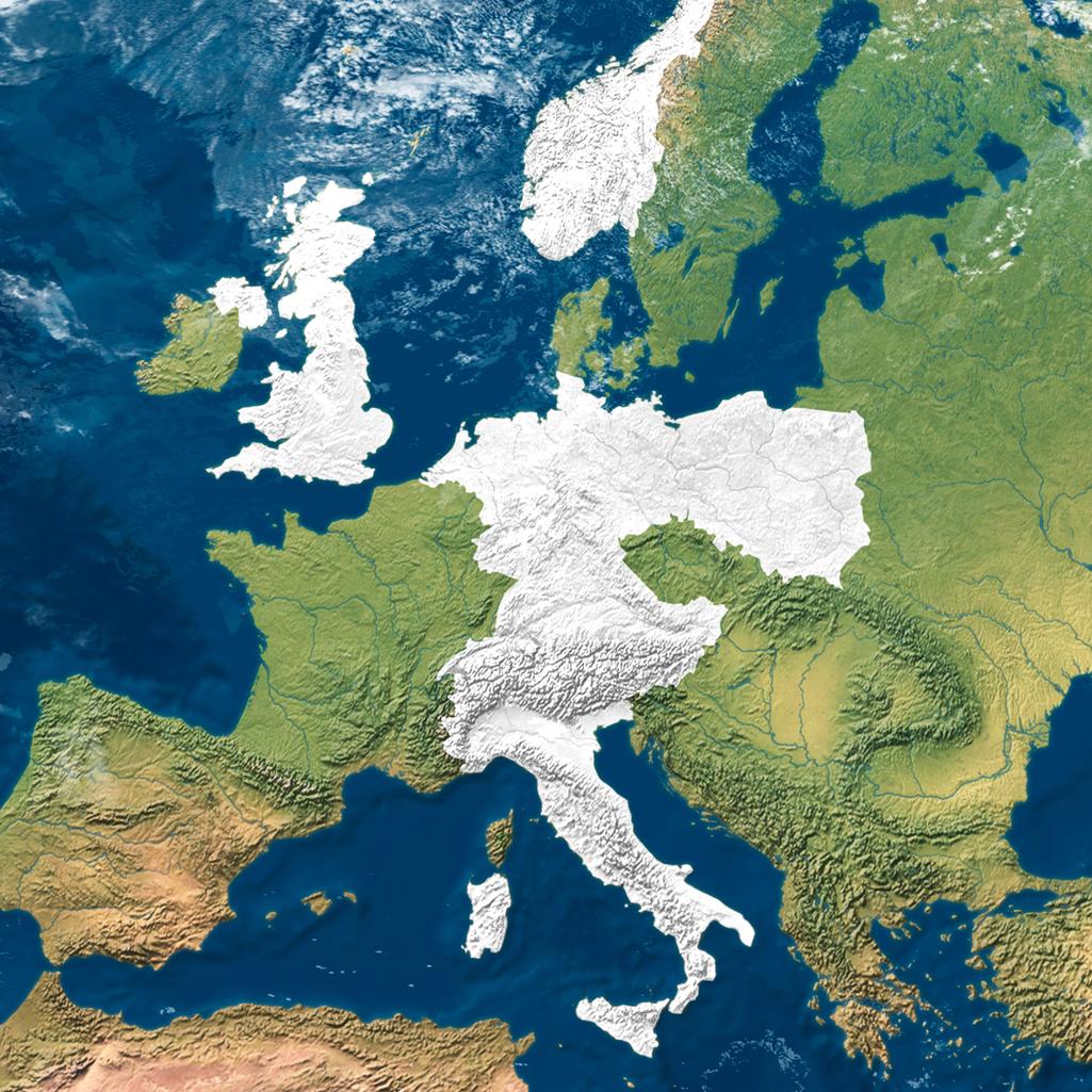 The image is a map of Europe with several countries highlighted in red. The highlighted countries are the United Kingdom, Norway, Germany, Poland, Austria, Italy, and Switzerland